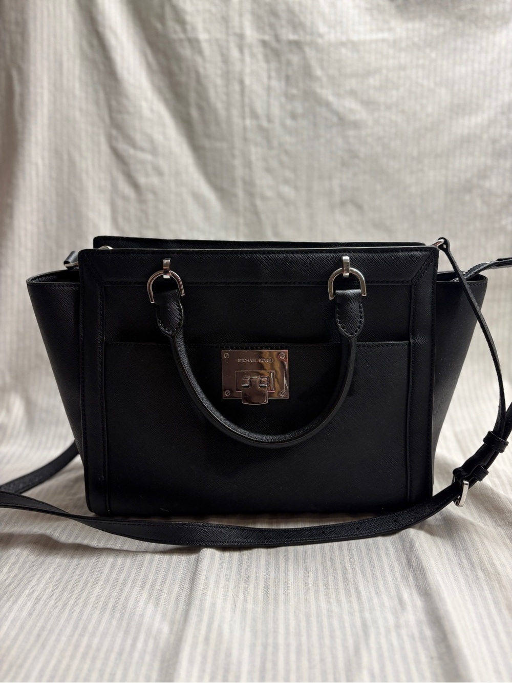 Michael Kors Black Leather Tote with Silver-Tone Hardware